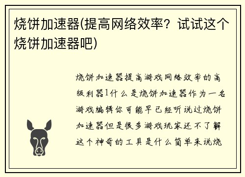 烧饼加速器(提高网络效率？试试这个烧饼加速器吧)